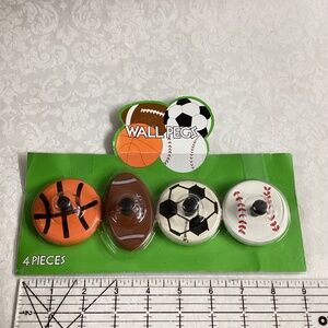Set/4 Wall Pegs:  Baseball, Soccer, Basketball, Football.  new